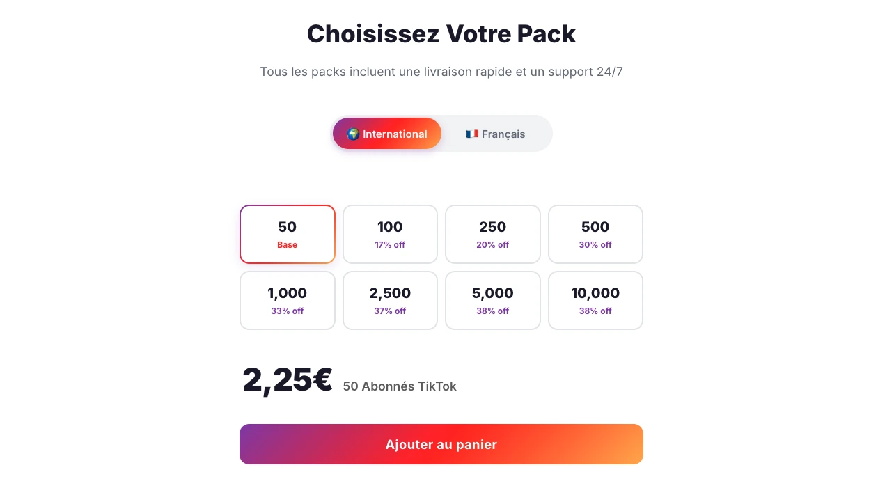 Packs disponibles para comprar seguidores TikTok baratos desde 2,99€